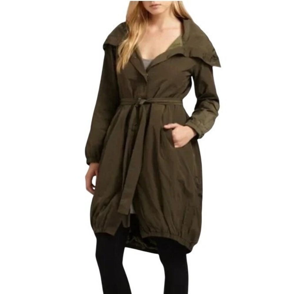 EILEEN FISHER Khaki Green Belted Trench Coat Size PS Petite Small